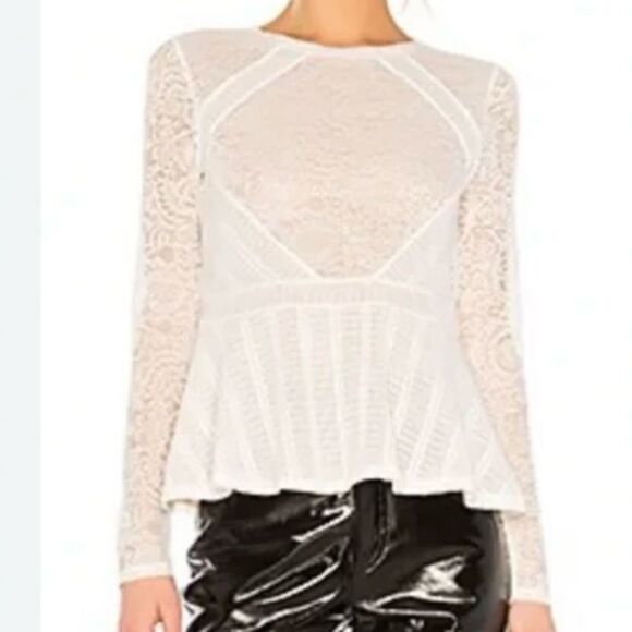 BCBGMaxazria Ivory Lace Long Sleeve Peplum Pullover Shirt - Picture 2 of 16